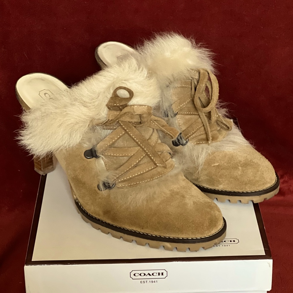 Coach A3214 “Kristy” Suede Mules with Faux Fur Trim - Size - 8